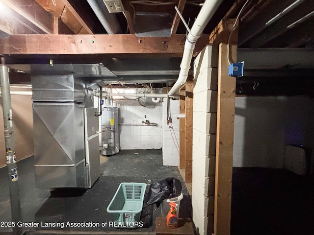 unfinished basement with gas water heater