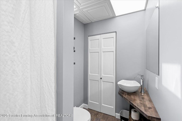 13305 Nelson, Bath, MI 48808 - bathroom with a sink, toilet, wood finished floors, and baseboards