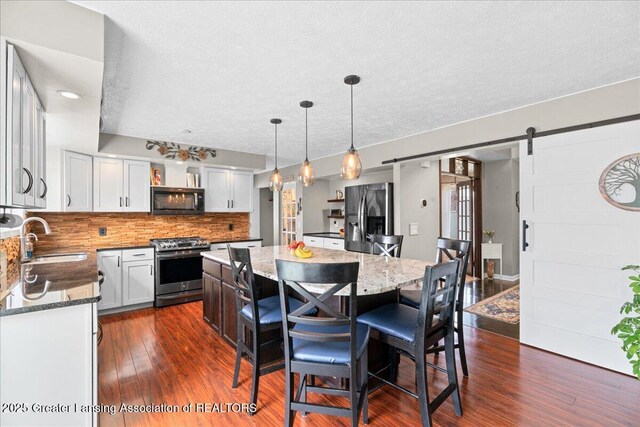 13305 Nelson, Bath, MI 48808 - kitchen featuring dark stone counters, appliances with stainless steel finishes, a sink, and a barn door
