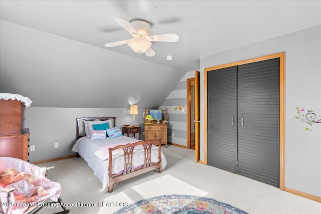 13305 Nelson, Bath, MI 48808 - bedroom with carpet floors, baseboards, a ceiling fan, and lofted ceiling
