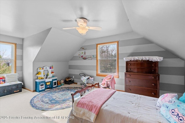 13305 Nelson, Bath, MI 48808 - bedroom with baseboards, a ceiling fan, carpet, and lofted ceiling
