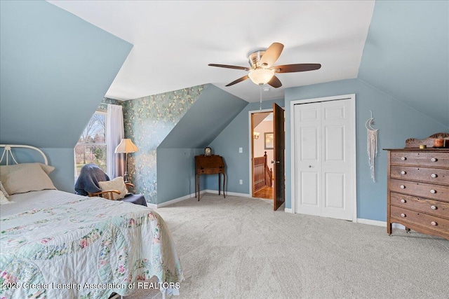 13305 Nelson, Bath, MI 48808 - carpeted bedroom featuring a closet, baseboards, ceiling fan, and lofted ceiling