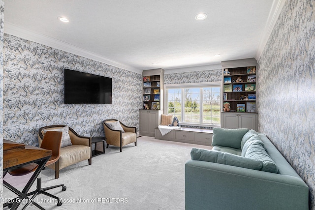 13600 Forest Hill Rd, Grand Ledge, MI 48837 - living room featuring wallpapered walls, crown molding, light colored carpet, and recessed lighting