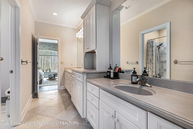 13600 Forest Hill Rd, Grand Ledge, MI 48837 - ensuite bathroom with vanity, crown molding, tile patterned flooring, baseboards, and curtained shower