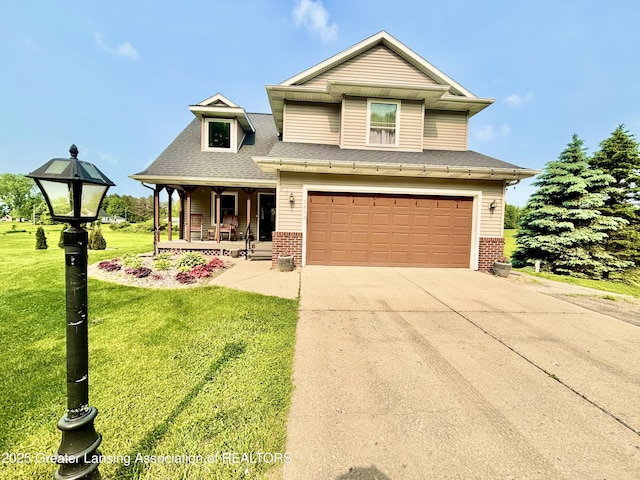 8464 W Howe Rd, Eagle, MI 48822 - view of front facade featuring a porch, a garage, a front yard, and brick siding