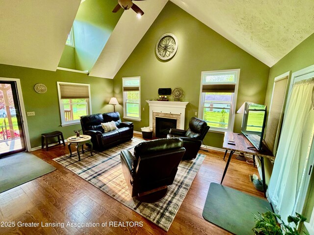 8464 W Howe Rd, Eagle, MI 48822 - living area featuring lofted ceiling, a ceiling fan, a fireplace, wood finished floors, and baseboards