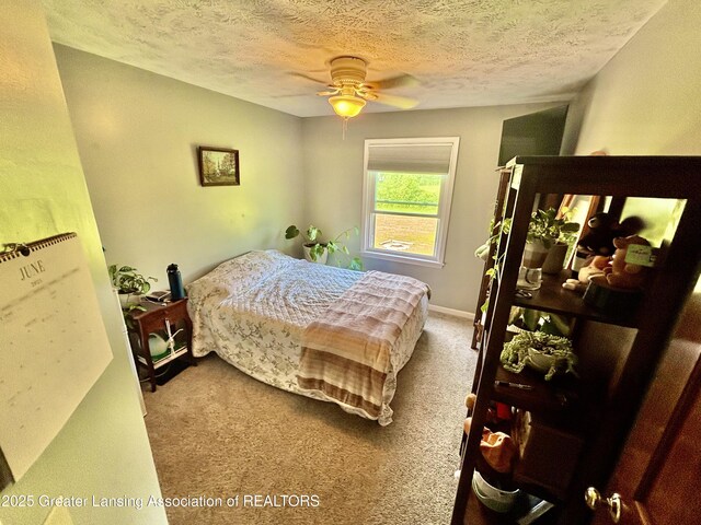 8464 W Howe Rd, Eagle, MI 48822 - bedroom featuring carpet floors, a textured ceiling, and a ceiling fan