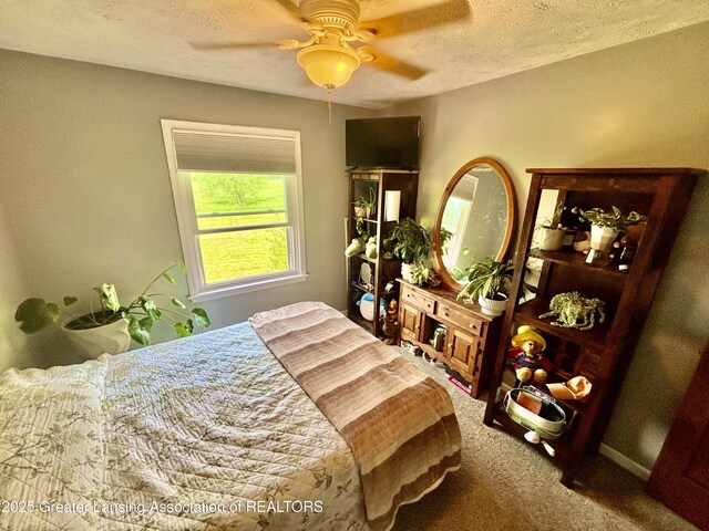 8464 W Howe Rd, Eagle, MI 48822 - carpeted bedroom with a textured ceiling and ceiling fan
