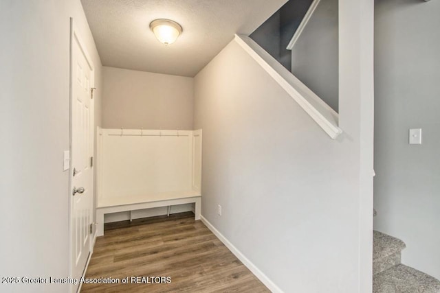 3012 Moccasin Dr, Dewitt, MI 48820 - interior space featuring a textured ceiling, baseboards, wood finished floors, and stairway
