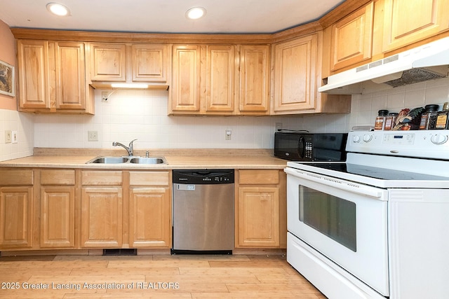 kitchen with white electric range oven, a sink, stainless steel dishwasher, under cabinet range hood, and black microwave