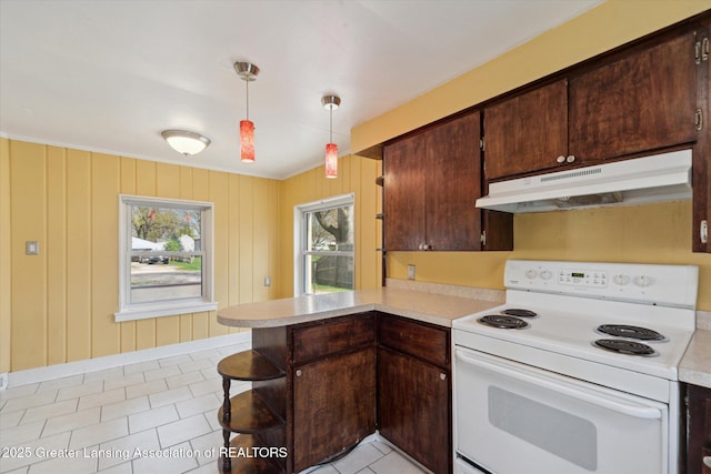 kitchen featuring under cabinet range hood, light tile patterned floors, white electric range, a peninsula, and light countertops