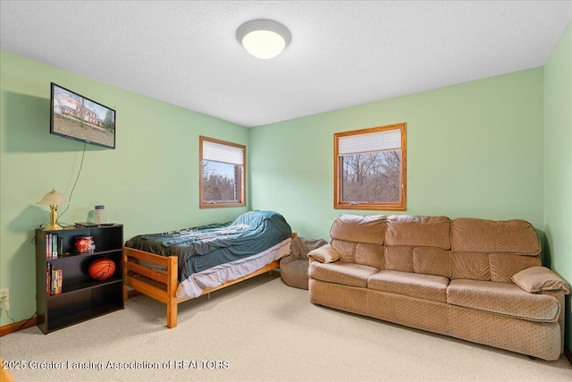 bedroom featuring carpet flooring, baseboards, and a textured ceiling