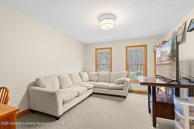 carpeted living area with baseboards, a textured ceiling, and visible vents