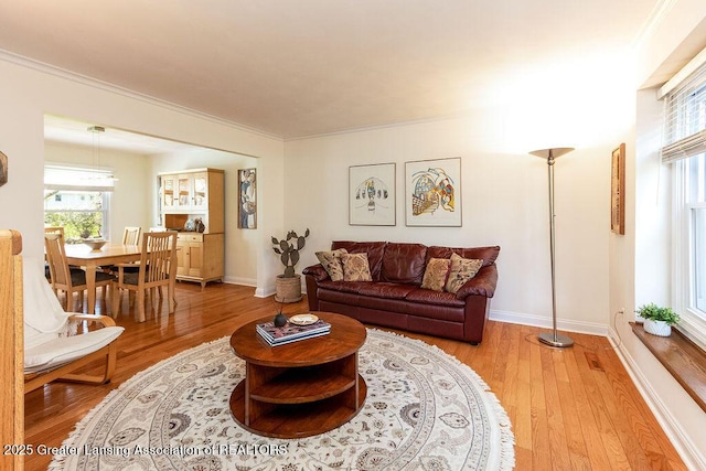 living room with ornamental molding, baseboards, and light wood-style floors