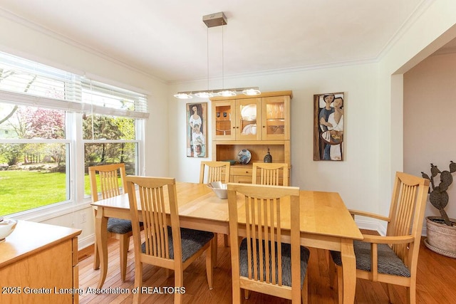 dining room with baseboards, ornamental molding, and light wood-style flooring