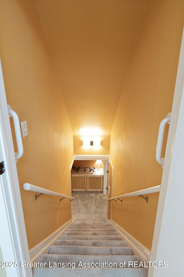 stairs featuring carpet flooring