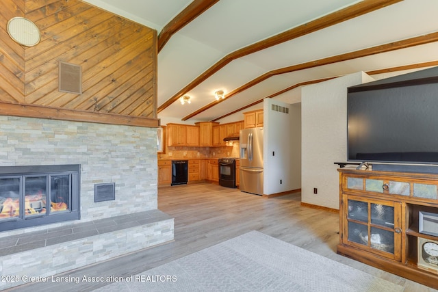 9605 Jason Rd, Laingsburg, MI 48848 - unfurnished living room featuring a fireplace, vaulted ceiling, visible vents, and light wood-type flooring