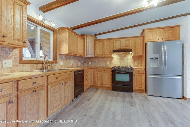 9605 Jason Rd, Laingsburg, MI 48848 - kitchen with lofted ceiling with beams, light wood-style floors, decorative backsplash, under cabinet range hood, and black appliances