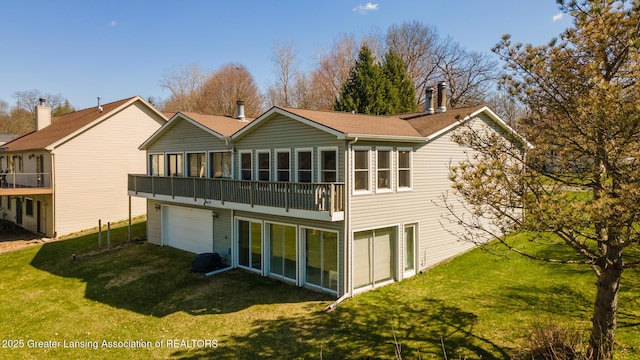 9605 Jason Rd, Laingsburg, MI 48848 - rear view of house featuring an attached garage, a lawn, and a sunroom