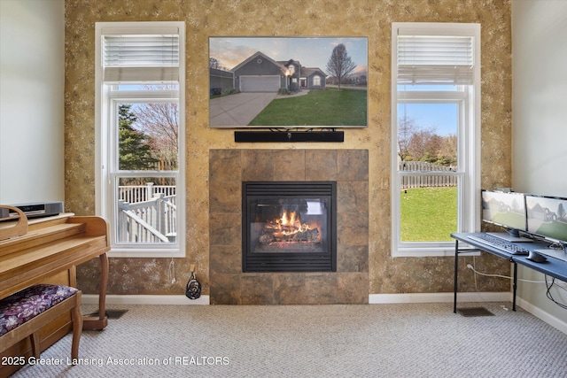 14178 Mulholland Dr, Bath, MI 48808 - interior space featuring plenty of natural light, a tiled fireplace, and carpet flooring