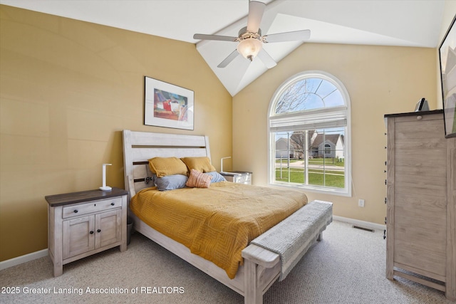 14178 Mulholland Dr, Bath, MI 48808 - bedroom featuring vaulted ceiling, baseboards, visible vents, light colored carpet, and a ceiling fan