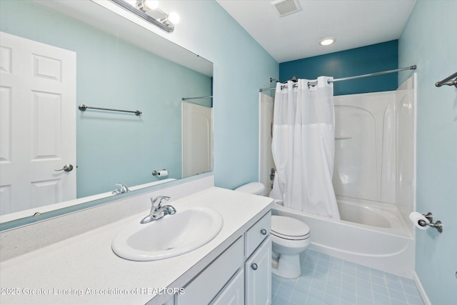 14178 Mulholland Dr, Bath, MI 48808 - full bathroom featuring tile patterned floors, shower / bath combination with curtain, visible vents, toilet, and vanity