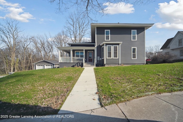 view of front of home with an outdoor structure, covered porch, a detached garage, and a front lawn