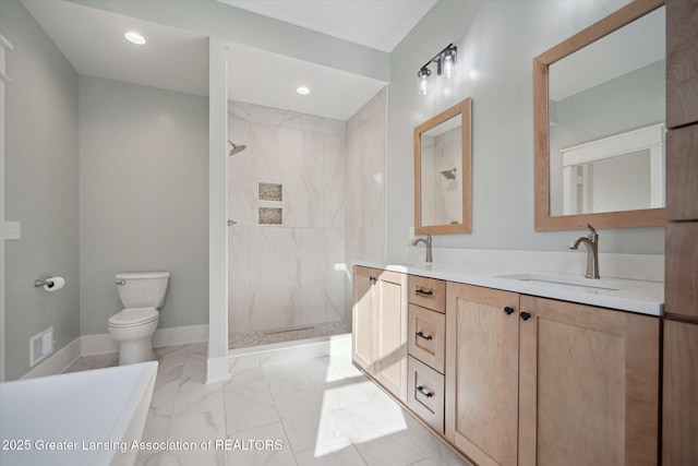 bathroom with visible vents, toilet, marble finish floor, a sink, and baseboards