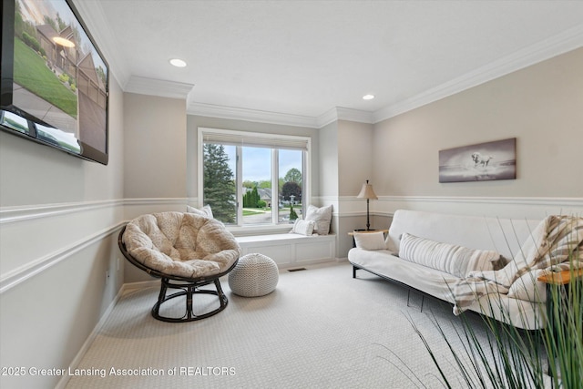 5810 Caleta Dr, Lansing, MI 48911 - living room featuring ornamental molding, carpet, recessed lighting, wainscoting, and baseboards