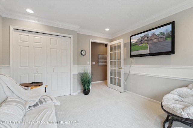 5810 Caleta Dr, Lansing, MI 48911 - living area featuring carpet flooring, french doors, crown molding, recessed lighting, and baseboards