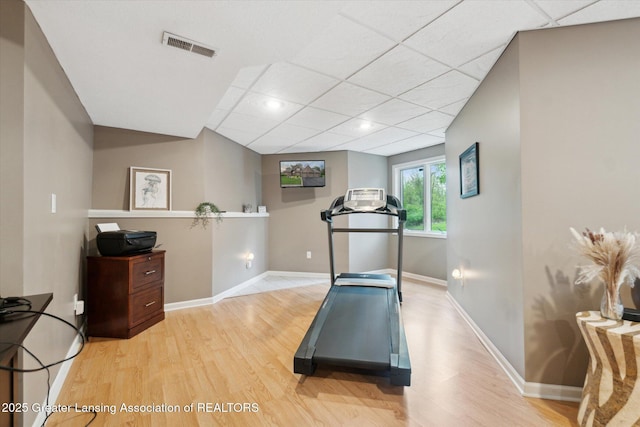 5810 Caleta Dr, Lansing, MI 48911 - workout room with light wood finished floors, baseboards, and a paneled ceiling