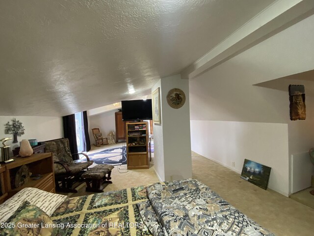 bedroom with light colored carpet, vaulted ceiling, and a textured ceiling