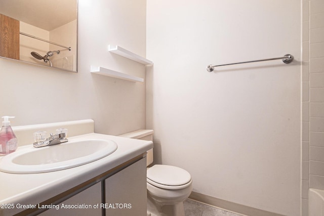 full bathroom with toilet, vanity, a tub to relax in, and walk in shower