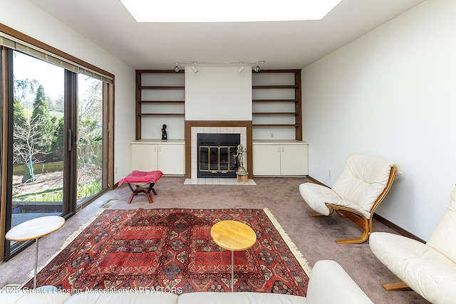 1210 Whittier Dr, East Lansing, MI 48823 - living area featuring carpet flooring, rail lighting, a skylight, and a tiled fireplace