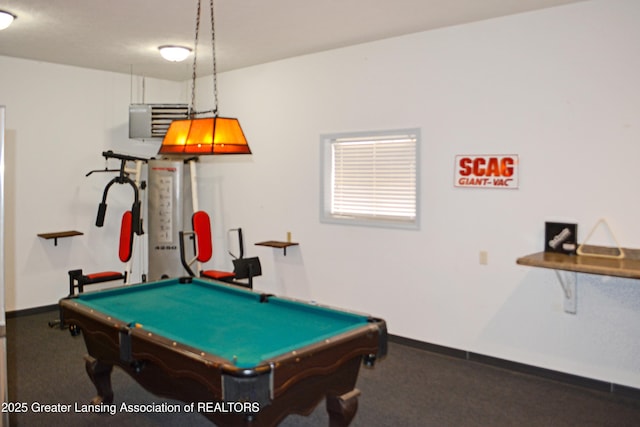 playroom with carpet flooring, baseboards, and billiards