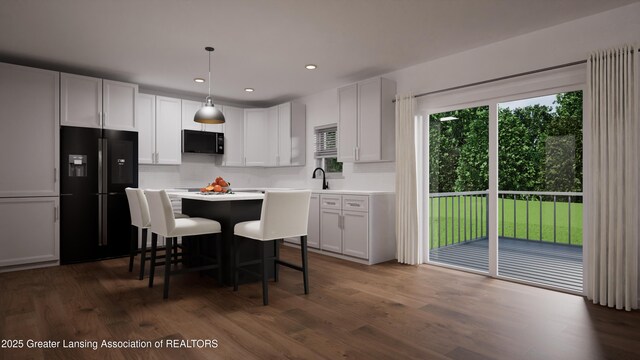 2188 Selah Way, Fennville, MI 49408 - kitchen featuring tasteful backsplash, dark wood-style flooring, white cabinetry, and black appliances