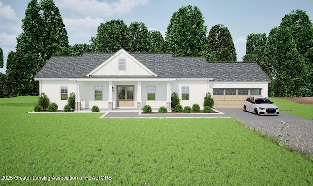 2188 Selah Way, Fennville, MI 49408 - modern farmhouse with aphalt driveway, roof with shingles, a front lawn, and an attached garage