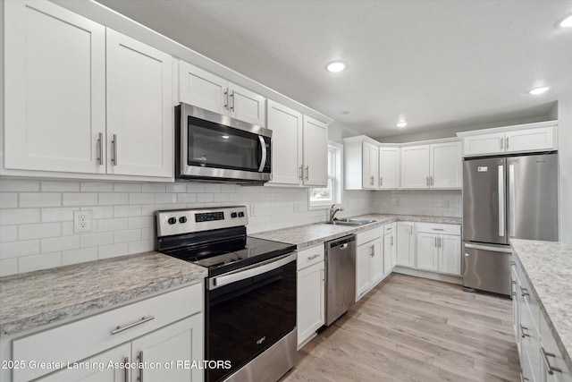 kitchen with a sink, backsplash, white cabinetry, light countertops, and appliances with stainless steel finishes