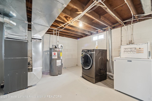 laundry area featuring separate washer and dryer, heating unit, electric water heater, and laundry area