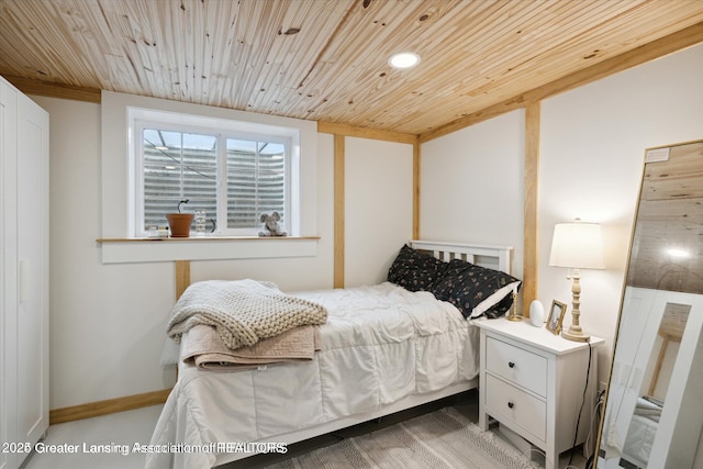 bedroom with wood ceiling