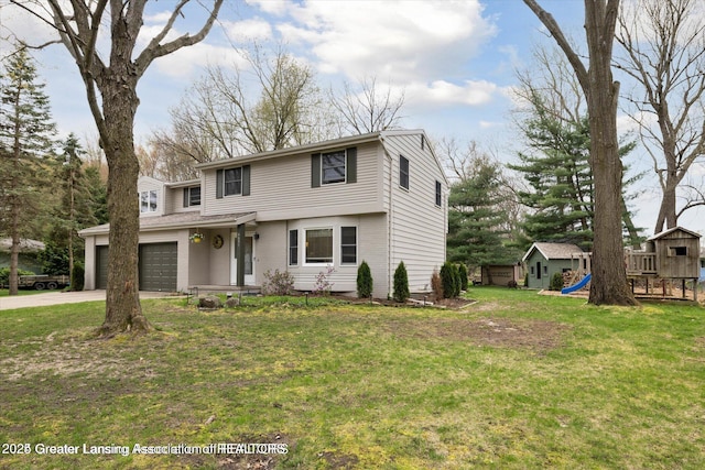 traditional home with a front lawn, a playground, an attached garage, and concrete driveway