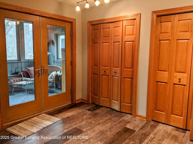 entryway featuring french doors, wood finished floors, baseboards, and rail lighting