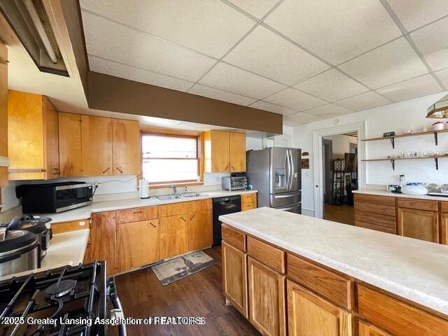 11100 Anderson Rd, Litchfield, MI 49252 - kitchen with black appliances, a sink, dark wood finished floors, light countertops, and a drop ceiling