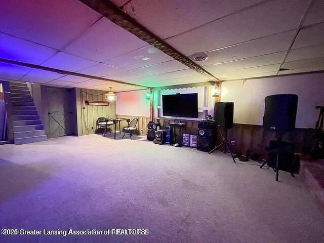 11100 Anderson Rd, Litchfield, MI 49252 - finished basement with a paneled ceiling, stairs, and carpet floors