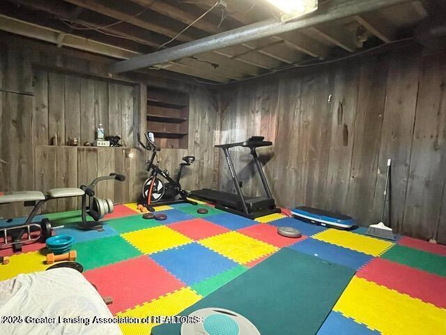 11100 Anderson Rd, Litchfield, MI 49252 - workout room featuring wood walls