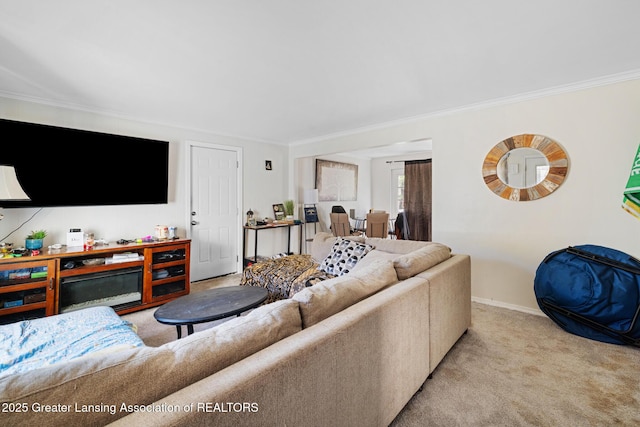 610 Spokane Ave, Lansing, MI 48910 - living room featuring crown molding, light colored carpet, and baseboards