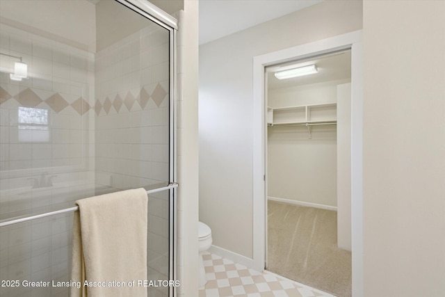3430 Hawthorne Woods Pkwy, Dewitt, MI 48820 - bathroom featuring a spacious closet, toilet, a stall shower, and baseboards