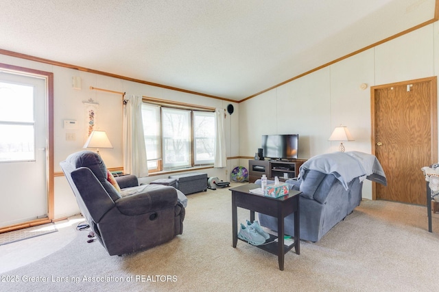 carpeted living room with vaulted ceiling, ornamental molding, and a textured ceiling