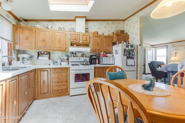 kitchen featuring crown molding, under cabinet range hood, a sink, and white appliances