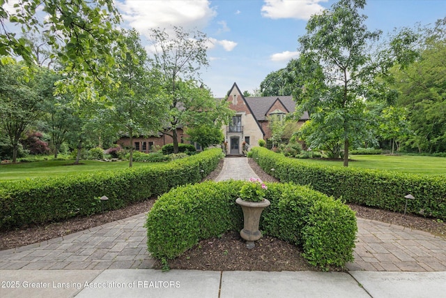 728 Audubon Rd, East Lansing, MI 48823 - tudor-style house featuring a front yard and stone siding